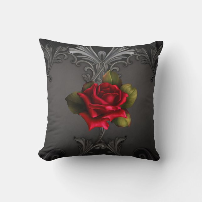 Gothic Glamour Red Rose Black Ornamental Glam Throw Pillow (Front)