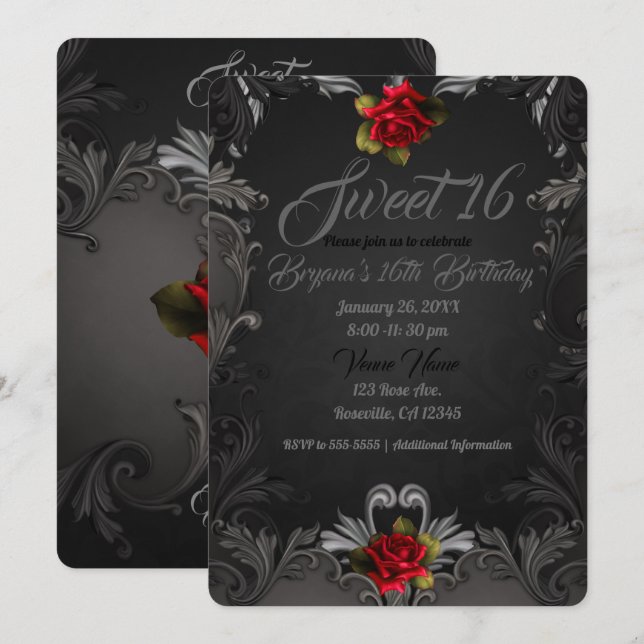 Gothic Glamour Red Rose Black Ornamental Sweet 16 Invitation (Front/Back)