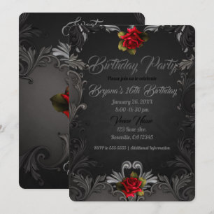 Gothic Glamour Red Rose Ornamental Birthday Party Invitation