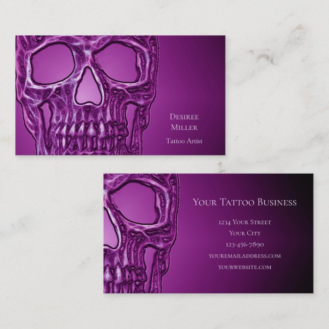 Gothic Glowing Skull Purple White Tattoo Shop Business Card (Front/Back)
