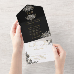 Gothic Gold And Black Floral Monongram Wedding All In One Invitation