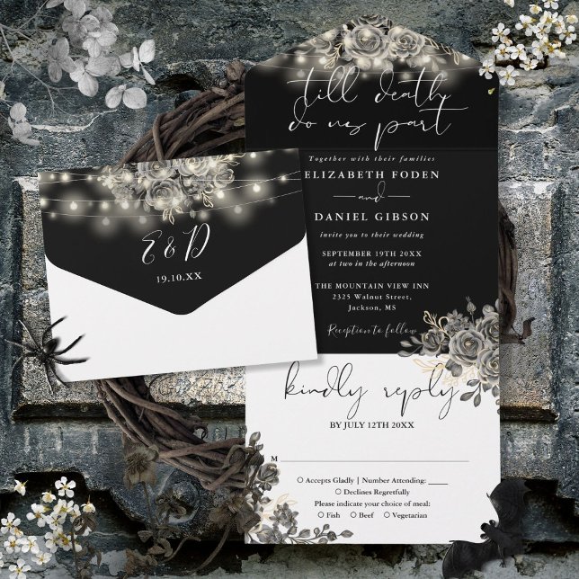Gothic Gold And White Floral String Lights Wedding All In One Invitation (Gothic Gold And White Floral String Lights Wedding All In One Invitation)