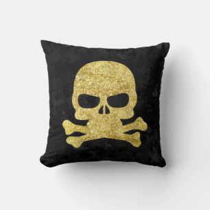 Gothic Gold Faux Glitter Skull & Cross Bones Throw Pillow