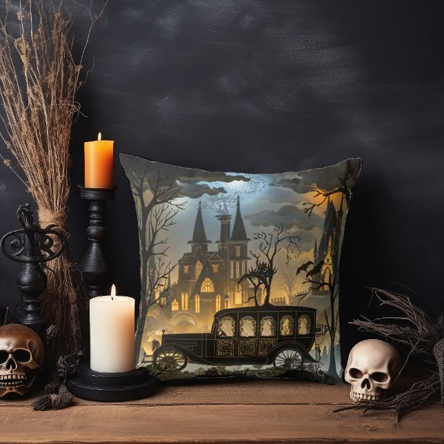 Gothic Graveyard with Cathedral and Hearse Throw Pillow (Creator Uploaded)