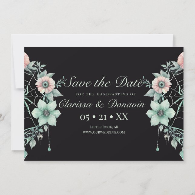 Gothic Green Mint Floral Spider Web Handfasting Save The Date (Front)