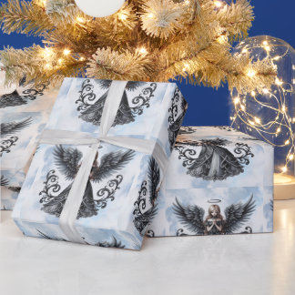 Gothic Grey Angels Icy Blue Christmas Wrapping Paper