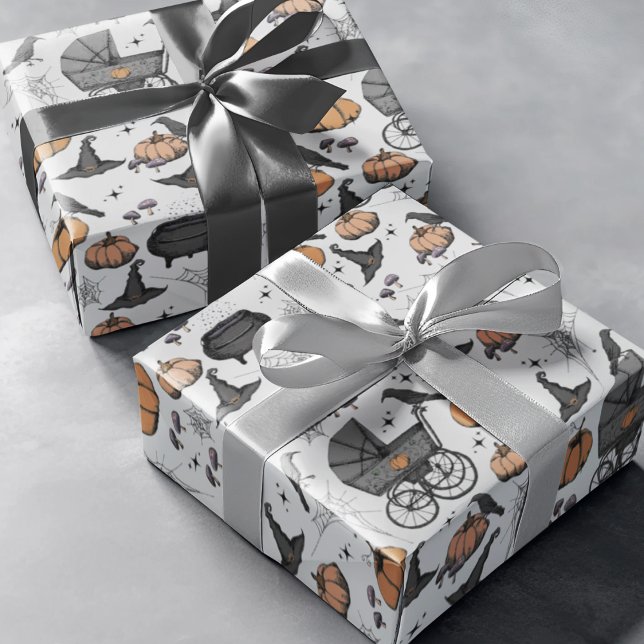 Gothic Grey Baby Carriage Halloween Wrapping Paper (Hand-Drawn Victorian Baby Carriages, Pumpkins, Witch Hats, Crows, Spiderwebs and Tiny Mushrooms.)