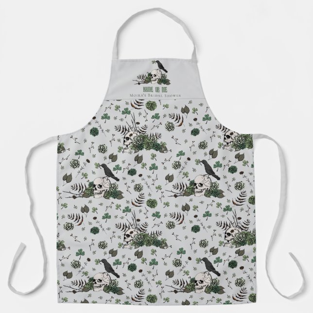 Gothic Grey Bride or Die Floral Skull Wedding Apron (Front)
