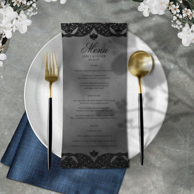 Gothic Grey Medieval Black Ornate Lace Wedding Menu (Creator Uploaded)