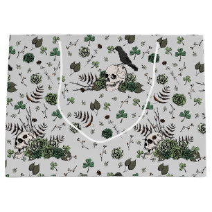 Gothic Grey St Patricks Day Floral Skulls Irish  Large Gift Bag
