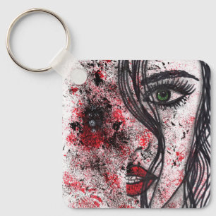 Gothic Grunge Abstract Girl Portrait Line Art Keyc Keychain