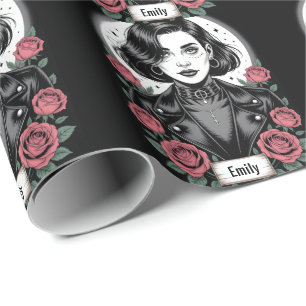 Gothic Grunge Girl Illustration with Biker Jacket Wrapping Paper