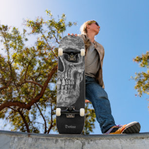 Gothic Half Skull Black And White Grunge Texture Skateboard