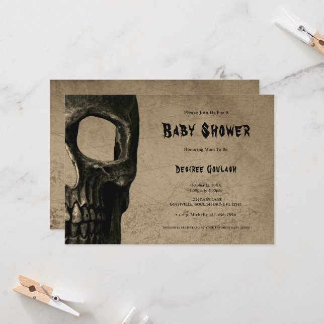 Gothic Half Skull Black Baby Shower Invitation (Front/Back In Situ)