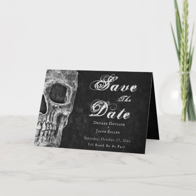 Gothic Half Skull Black Hallowedding Save The Date Announcement (Front)