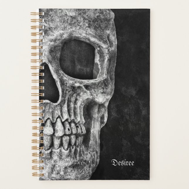 Gothic Half Skull Cool Black And White Grunge Planner (Front)