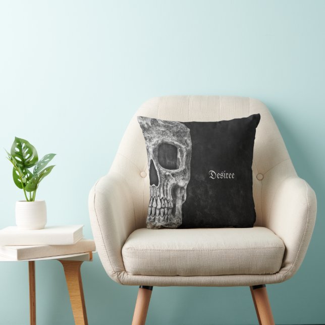 Gothic Half Skull Cool Black And White Grunge Throw Pillow (Chair)