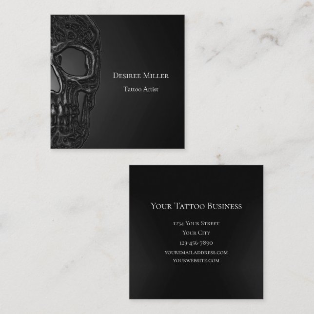 Gothic Half Skull Cool Grey Metallic Tattoo Shop Square Business Card (Front/Back)