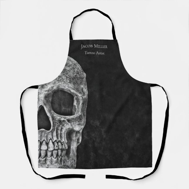 Gothic Half Skull Head Black And White Tattoo Shop Apron (Front)