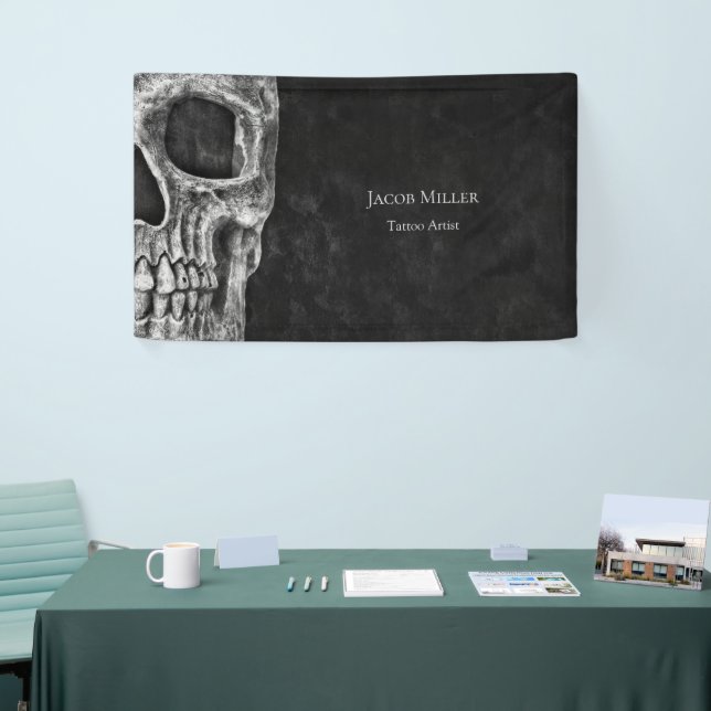 Gothic Half Skull Head Black And White Tattoo Shop Banner (Tradeshow)