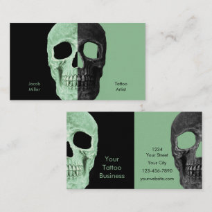 Gothic Half Skull Heads Green Black Tattoo Shop Business Card