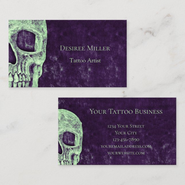 Gothic Half Skull Purple Green Tattoo Artist Business Card (Front/Back)