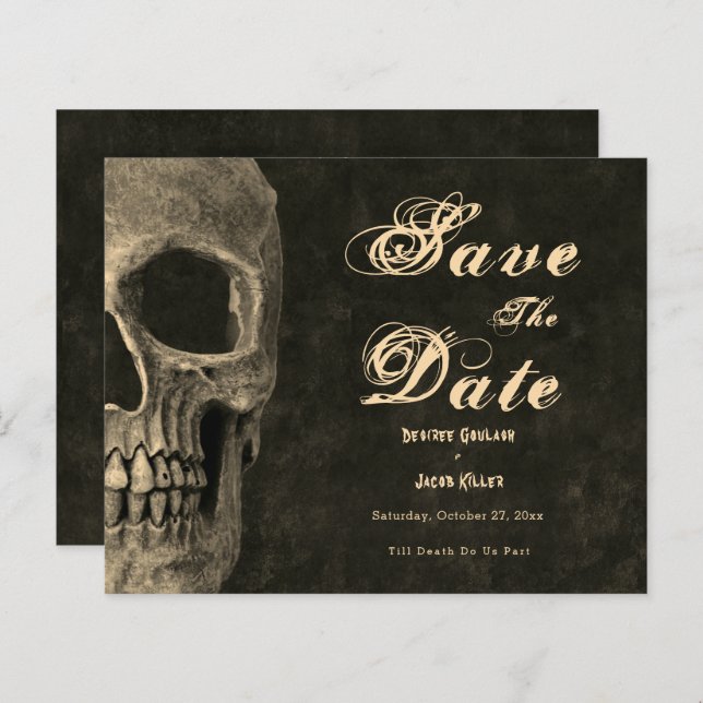 Gothic Half Skull Sepia Budget Save The Date (Front/Back)