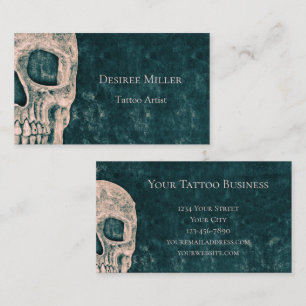 Gothic Half Skull Teal Green Beige Tattoo Artist Business Card