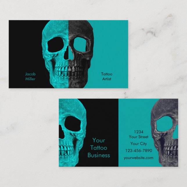 Gothic Half Skulls Teal Black Tattoo Shop Business Card (Front/Back)