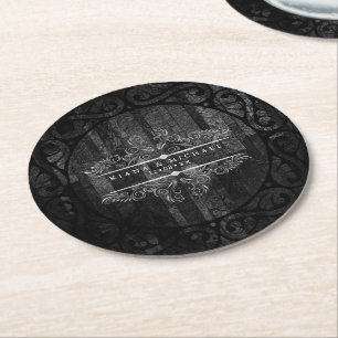 Gothic Hallowedding Scrollwork B&W ID866 Round Paper Coaster