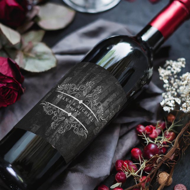 Gothic Hallowedding Scrollwork B&W ID866 Wine Label (Creator Uploaded)