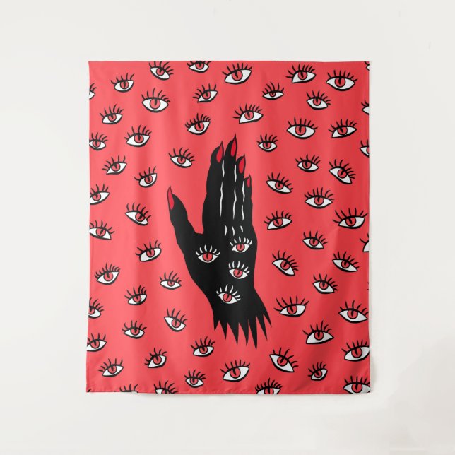 Gothic Halloween Art – Black Hand Spooky Eyes Tapestry (Front)