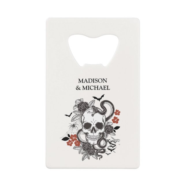 Gothic Halloween Black And Burgundy Wedding Credit Card Bottle Opener (Front)