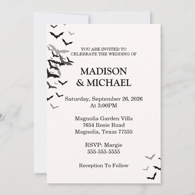 Gothic Halloween Black Bat Wedding Invitation (Front)
