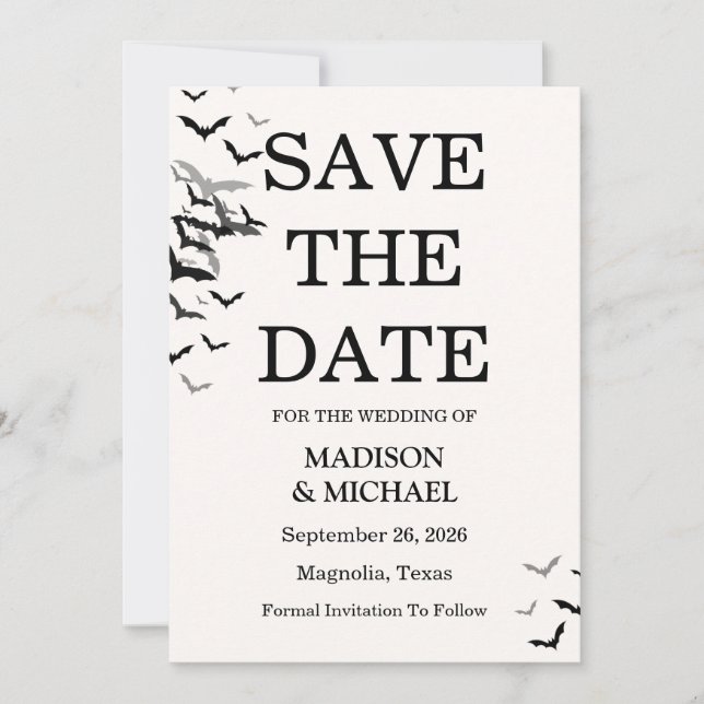 Gothic Halloween Black Bat Wedding Save The Date (Front)