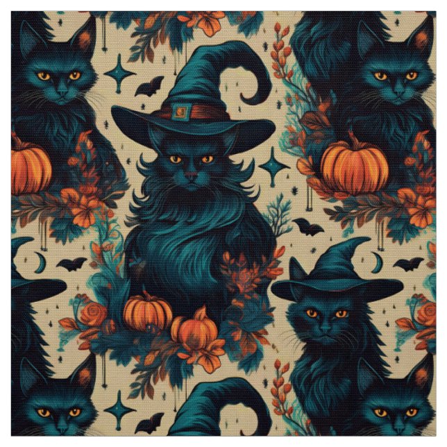 Gothic halloween black cat witch pattern fabric (Swatch)