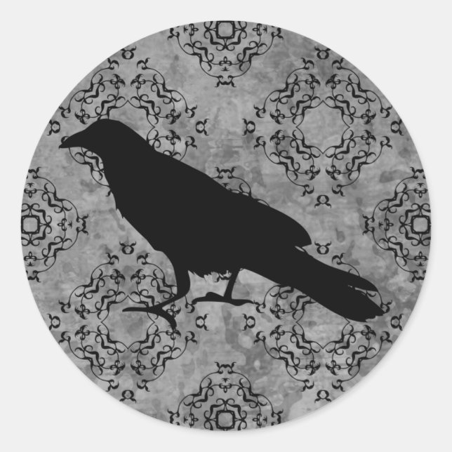 Gothic Halloween black crow raven on grey Classic Round Sticker (Front)