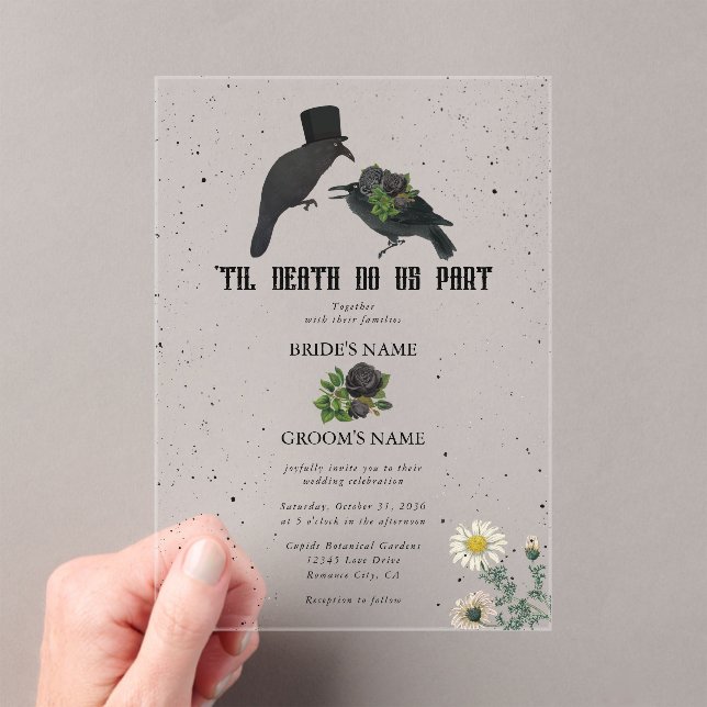 Gothic Halloween Black Roses Crows Wedding Acrylic Invitations (Insitu (Handheld))