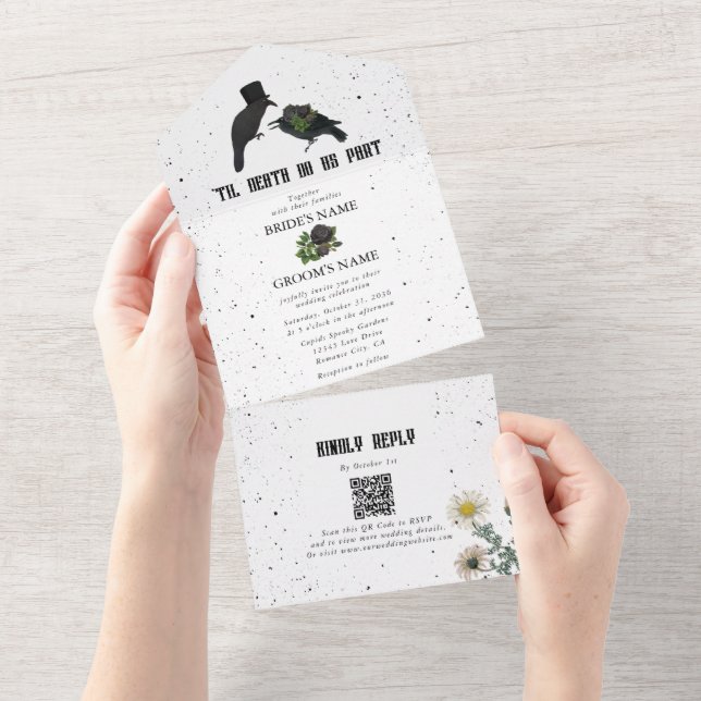 Gothic Halloween Black Roses Crows Wedding All In One Invitation (Tearaway)