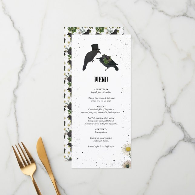 Gothic Halloween Black Roses Crows Wedding Menu (Front/Back In Situ)