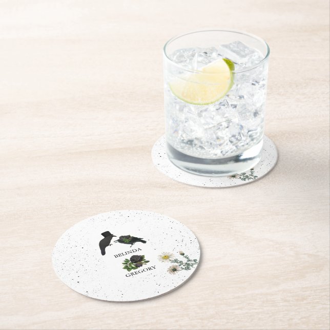 Gothic Halloween Black Roses Crows Wedding Round Paper Coaster (Insitu)