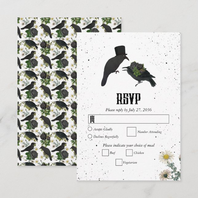 Gothic Halloween Black Roses Crows Wedding RSVP Card (Front/Back)