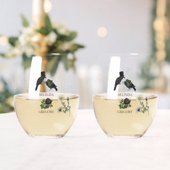 Gothic Halloween Black Roses Crows Wedding Stemless Wine Glass (Insitu (Wedding))