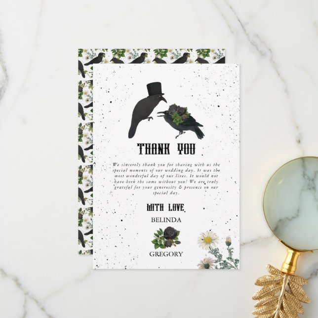 Gothic Halloween Black Roses Crows Wedding Thank You Card (Front/Back In Situ)