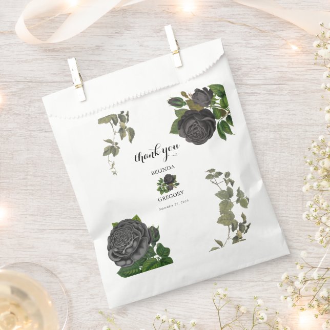 Gothic Halloween Black Roses White Wedding Favour Bag (Clipped)