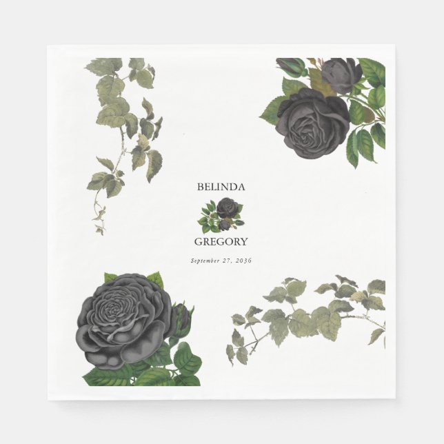 Gothic Halloween Black Roses White Wedding Napkin (Front)