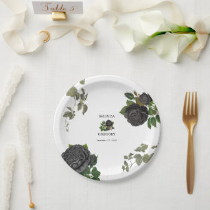 Gothic Halloween Black Roses White Wedding Paper Plate