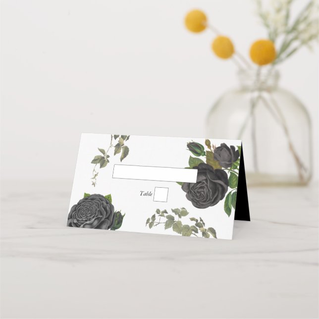 Gothic Halloween Black Roses White Wedding Place Card (Front)