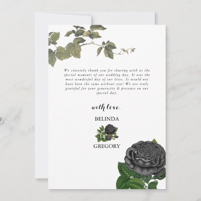 Gothic Halloween Black Roses White Wedding Thank You Card (Back)