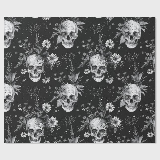 Gothic Halloween Botanical Skulls pattern Wrapping Paper (Flat)
